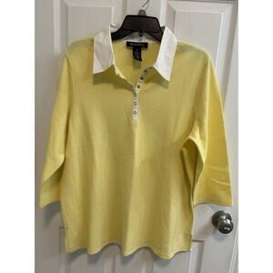 Denim Co 1X Stretch Bubble Pique 3/4 Sleeve Polo Shirt Snap Yellow Preowned​
